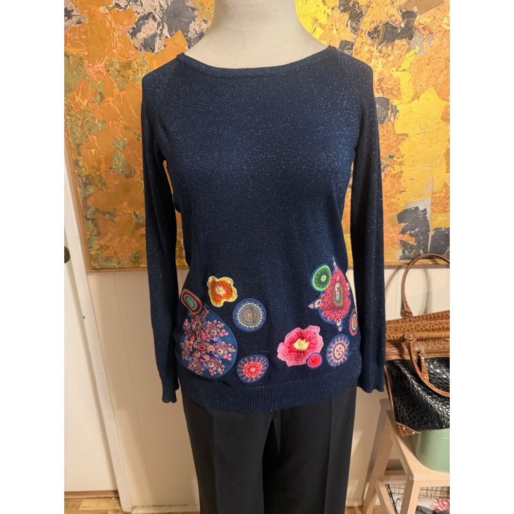 Desigual Sparkly Blue Embellished Pullover Knit Art to Wear Top Mandalas L